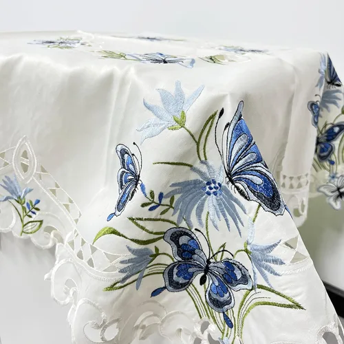 Miniatura 8 de LeLehome Mantel cuadrado bordado de 33 pulgadas, mantel pequeño de encaje floral clásico vintage con diseño de mariposa azul beige