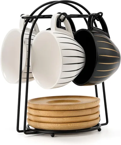 Miniatura 13 de LUKA - Juego de tazas de café de cerámica con platillos y soporte de metal, tazas de capuchino apilables de 8 oz de porcelana para té, espresso