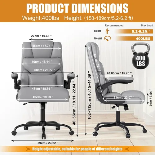Miniatura 2 de Silla de oficina ejecutiva con reposabrazos abatibles, sillas ergonómicas de escritorio para computadora, silla de oficina de cuero con respaldo Gris