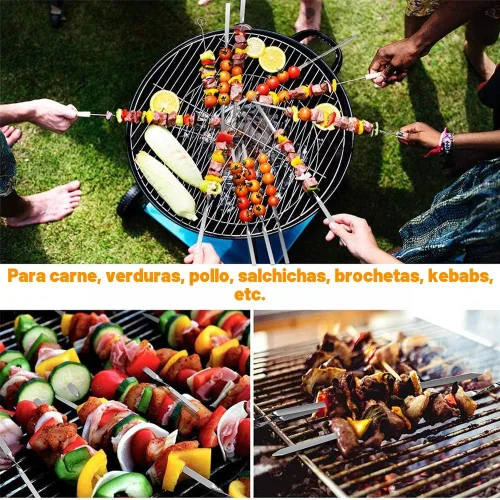 Miniatura 3 de Juego de 12 brochetas de metal plano para barbacoa de 14 pulgadas de largo, de acero inoxidable, para carne, camarones, pollo, verduras, 12