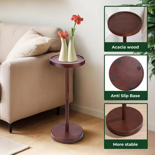 Miniatura 5 de Mesa auxiliar con pedestal de madera maciza de acacia - Mesa redonda pequeña para Martini