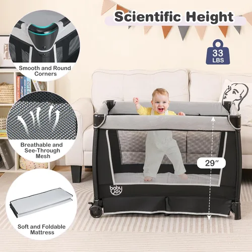 Miniatura 4 de BABY JOY Paquete y juego 5 en 1, corralito portátil para bebé con moisés y cambiador de pañales, bolsa, moisés infantil, centro de actividades