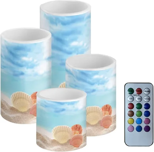 Miniatura 19 de Velas LED parpadeantes operadas por batería, juego de 4 con control remoto y temporizador, velas de llama danzante, velas de pilar para mesa, Playa
