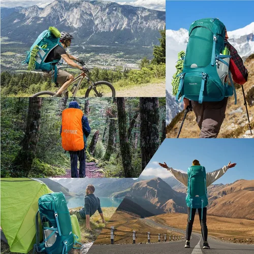 Miniatura 7 de HOMIEE 50L Hiking Backpack Travel Bag Waterproof Camping Rucksack with Rain Cover Lightweight Backpacking Backpack Verde militar