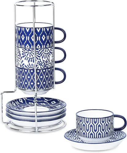 Miniatura 9 de Selamica Tazas de café expreso de cerámica con platillos y soporte de metal, tazas demitasse apilables de 2.5 onzas para café expreso, latte, café