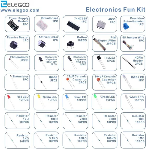 Miniatura 2 de ELEGOO Paquete de kit electrónico divertido con resistencia de cable Breadboard, condensador, LED, potenciómetro total 235 artículos para Arduino