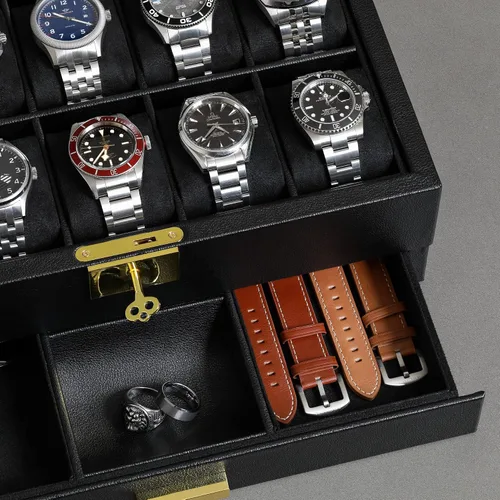 Miniatura 12 de ROTHWELL Caja de reloj de cuero de 10 ranuras con cajón de valet, organizador de exhibición de lujo con forro de microgamuza ultrasuave, soporte