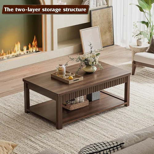 Miniatura 8 de Homkdom Mesa de Café, Mesas de Café Modernas de 39 Pulgadas para Sala de Estar con Almacenamiento de 2 Niveles y Borde Ondulado, Mesa Central