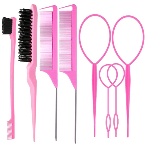 ZVOREI Juego de 8 cepillos para el cabello con 4 herramientas Topsy para cola de cabello, 1 cepillo de cerdas para dar volumen al cabello, 1 cepillo