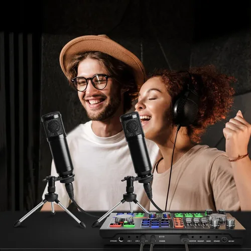 Miniatura 2 de Paquete de equipos de podcast para 2, interfaz de audio, modificador de voz con micrófono de condensador de 3.5mm, BT inalámbrico dual, fuente