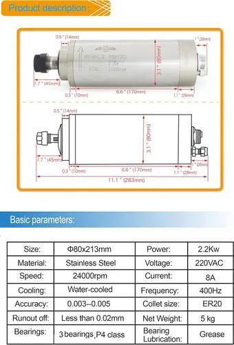 Miniatura 3 de RATTMMOTOR 2.2KW 220V refrigerado por agua ER20 motor de husillo 80MM 24000RPM 400HZ+2.2KW 3HP VFD Inverter AC 220V variable frecuencia