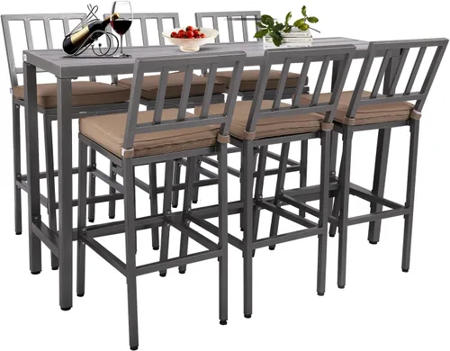Miniatura 12 de Sillas y mesa de bar al aire libre, juego de bar de metal para patio con taburetes y cojines para patio trasero, porche, bistró, balcón