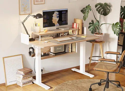 Miniatura 18 de FEZIBO Escritorio de pie de 48 x 24 pulgadas con altura ajustable, escritorio eléctrico de pie con doble cajón, escritorio de oficina en casa con 4