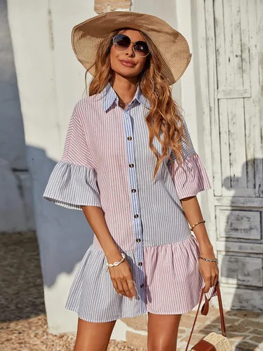 Miniatura 5 de WDIRARA Vestido corto a rayas con dobladillo de media manga y volantes para mujer