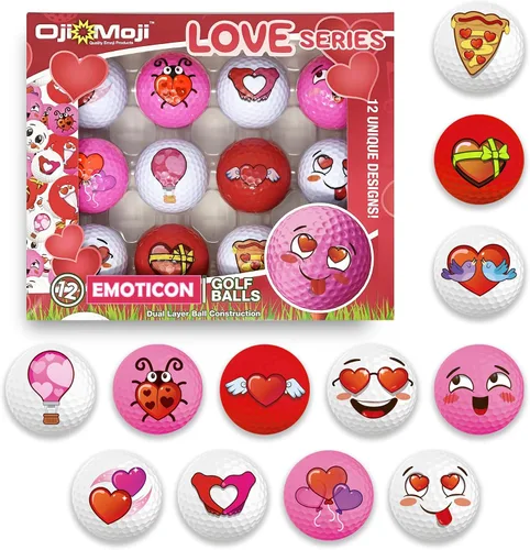 Oji Moji - Juego de pelotas de golf Emoticon Love Series, regalo del día de San Valentín, paquete de 12 regalos novedosos, regalo de golf para