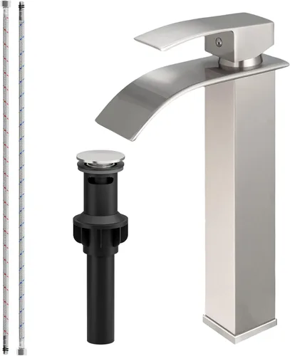 Miniatura 10 de Grifo de fregadero de recipiente con cascada, grifo de baño mate negro de acero inoxidable, alto, de una sola manija, un agujero, montaje