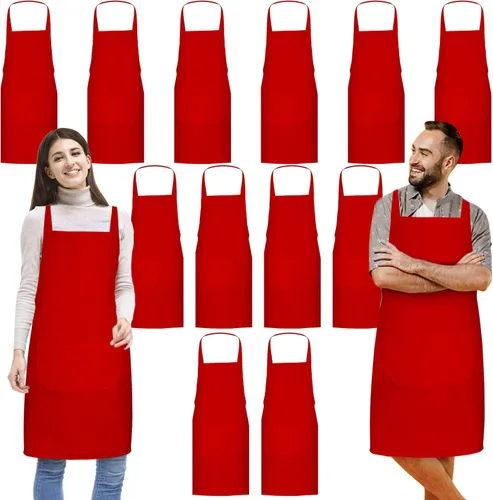 Miniatura 8 de Jeffbaubl Paquete de 12 delantales con peto, delantales a granel, delantales lisos unisex con 2 bolsillos, delantal en blanco con lazos largos