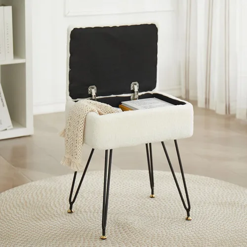 Taburete de tocador, taburete otomano de piel sintética de peluche con patas de metal y pies negros ajustables, silla de maquillaje con Blanco