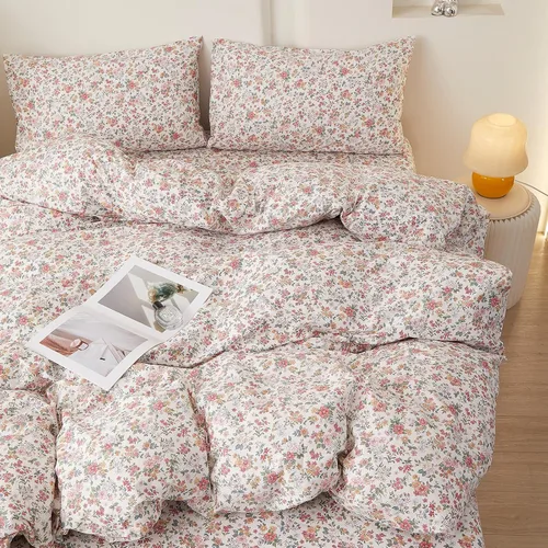 Miniatura 15 de Juego de funda de edredón blanca con estampado floral azul, juego de ropa de cama de algodón suave estilo bohemio, juego de ropa de cama estética