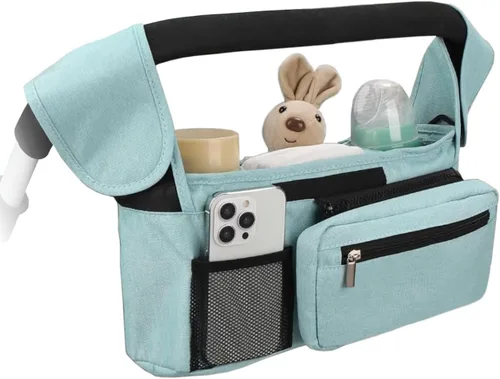 Organizador de cochecito con portavasos aislados, organizador universal azul para cochecito de bebé con bolsillo desmontable para teléfono,