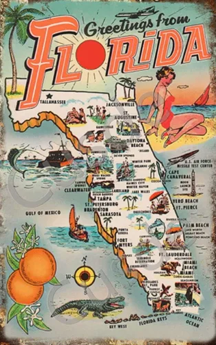 Cusde Letrero de metal coleccionable vintage de 1954 con texto en inglés «Greetings from Florida» para decoración de pared, decoración de pared,