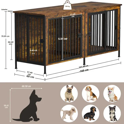 Miniatura 5 de EasyCom - Mueble jaula para 1 o 2 perros, individual o doble, resistente jaula para interiores, base para televisión, mediano, 63 pulgadas de largo