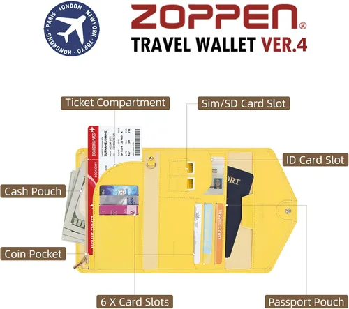 Miniatura 40 de Zoppen - Billetera de viaje con bloqueo RFID multiusos (Ver.4) Portatarjetas de pasaporte y vacunas, organizador de documentos de tres pliegues