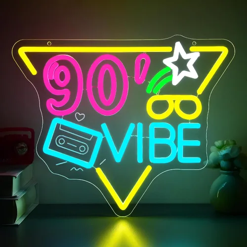 90'Vibe - Letrero de neón para decoración de pared, regulable, de regreso a los años 90, luces LED de neón para fiesta, retro, vintage, decoración