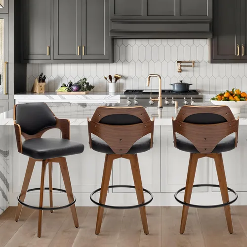 Miniatura 10 de MEKLIBA Juego de 2 taburetes de bar giratorios de altura de mostrador, silla de bar tapizada con patas de bambú, taburetes de mostrador con respaldo