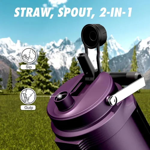Miniatura 5 de POWCAN Botella de agua aislada de 64 onzas, tapa de boquilla de popote 2 en 1, mango doble, a prueba de fugas, mantiene el frío 48 horas, botella