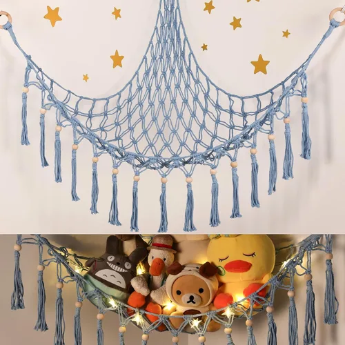 Hamaca de almacenamiento para juguetes de animales de peluche con luz LED - Organizador de habitación jumbo de macramé para muñecas, decoración de