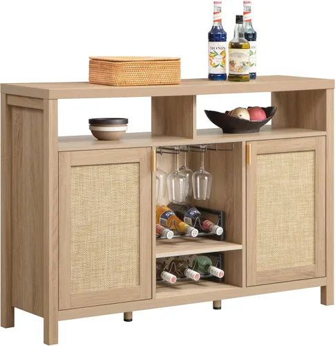 Miniatura 13 de SICOTAS - Gabinete de barra de café de ratán, aparador de buffet de 51" con almacenamiento, gabinete de licor moderno con estantes para vino