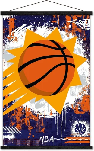 Trends International NBA Phoenix Suns - Póster de pared con logotipo Maximalist 23 con marco magnético Paquete de impresión premium y colgador negro