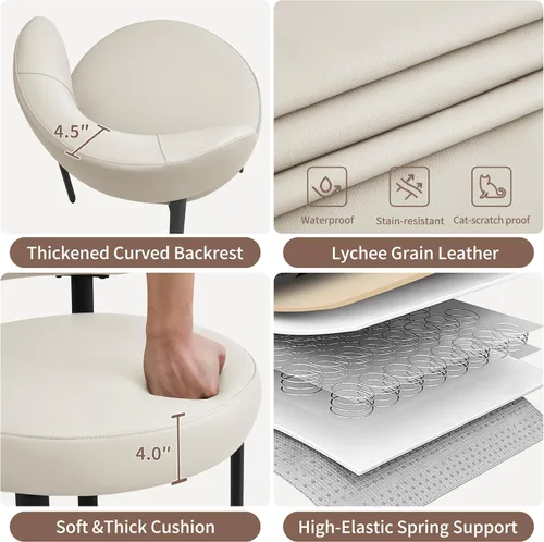 Miniatura 5 de Juego de 2 sillas de comedor beige de cuero con patas de metal, soporte de resorte y respaldo curvado, silla redonda de comedor de cocina