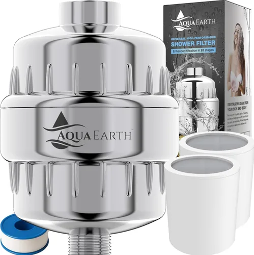 Aqua Earth Cabezal de filtro de ducha para suavizar el agua dura con vitamina C para una piel, cabello y uñas más saludables. 20 etapas de