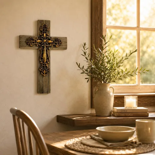 Miniatura 3 de Comfy Hour Cruz de pared decorativa en capas de 13 pulgadas, cruz de tono cobre estilo antiguo sobre base de aspecto de madera rústica, placa