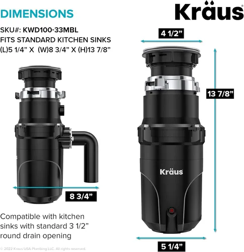 Miniatura 6 de KRAUS WasteGuard KWD100-33MBL - Triturador de basura ultra silencioso de 1/3 HP con conexión rápida, cubierta de drenaje para fregadero de cocina