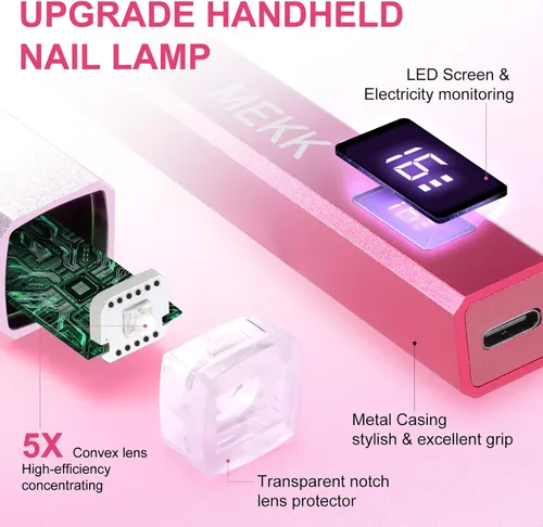 Miniatura 2 de MEKK Luz UV de mano de metal para uñas de gel, mini lámpara de uñas LED UV inalámbrica con pantalla LED y lámpara de curación flash alimentada por