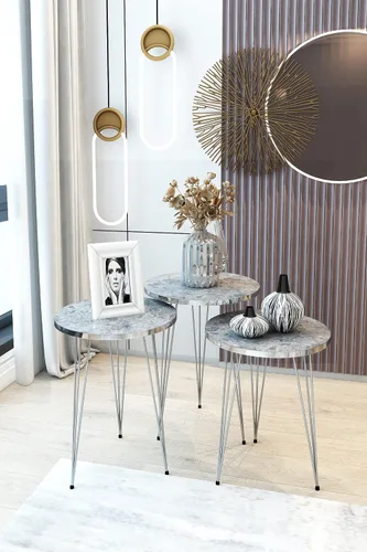 Miniatura 3 de Juego de 3 mesas auxiliares redondas apilables de madera gris brillante con patas de metal para sala de estar, oficina en casa, mesitas de noche