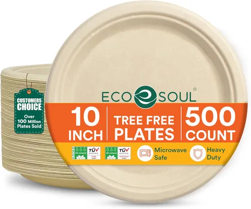 Miniatura 25 de ECO SOUL Compostable Paper Plates 9 Inch, 500 Pack – Heavy Duty Disposable Dinner Paper Plates, White Bagasse, Leak-Resistant, Microwave Safe