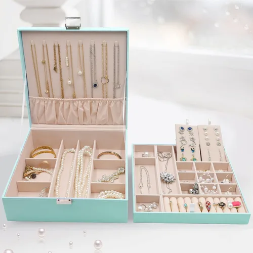 Miniatura 7 de ProCase - Joyero grande de cuero con dos niveles para organizar aretes, pulseras, anillos, relojes, para mujeres, niñas, regalo ideal para novia