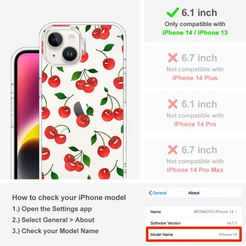 Miniatura 2 de MOSNOVO para iPhone 13/14 Funda de grado militar probada contra caídas de 2.01m Transparente con lindo diseño de cereza Claro - Linda cereza