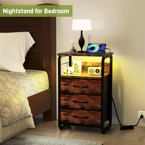 Miniatura 3 de runjuly Mesita de noche con luz, mesa auxiliar LED con cajones y estación de carga con puerto tipo C, pequeña mesa de noche con ganchos, cómoda