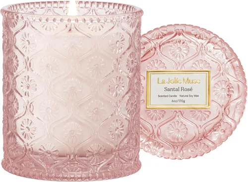 LA JOLIE MUSE - Vela perfumada de Santal Rose – Azafrán, Rosa y Cuero | 6 onzas de cera de soja natural | 40 horas de combustión limpia | Lista para