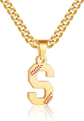 Miniatura 60 de Avotto Collar de béisbol con letra inicial de la A a la Z para niños y hombres, cadena cubana de acero inoxidable resistente que no se decolora