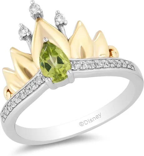 Enchanted Disney Fine Jewelry - Anillo de tiara de plata de ley y oro amarillo de 10 quilates con diamantes y peridoto de 110 quilates con tiara de