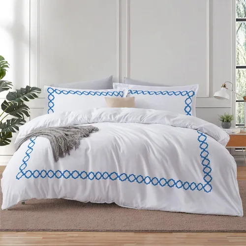 Miniatura 9 de BedDecor: Enchanted Oasis - Juego de funda de edredón de 3 piezas de 600 hilos de algodón egipcio con bordado de cuadrifolio, ultra suave