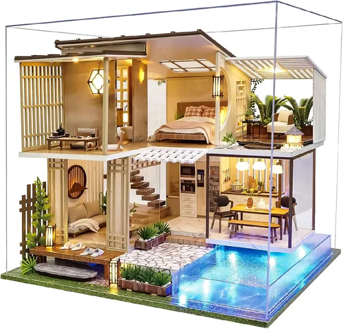 Spilay - Casa de muñecas en miniatura con muebles, kit de bricolaje de madera para casa de muñecas, mini kit artesanal hecho a mano, escala 1:24,