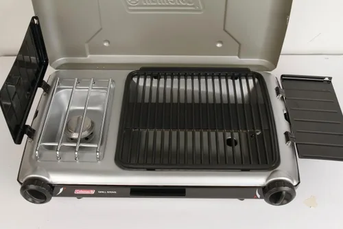 Miniatura 5 de Coleman Parrilla y estufa de mesa 2 en 1 con 2 quemadores ajustables, parrilla y estufa a propano con encendido de botón, protectores contra