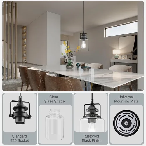 Miniatura 6 de Paquete de 3 Luces Colgantes para Isla de Cocina, Lámpara Colgante Negra Moderna, Luces de Isla de 47 Pulgadas, Cuerda Ajustable, Vidrio